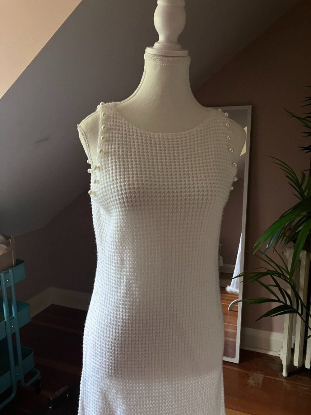 White loose cable knit fur trimmed maxi dress long sundress cover up summer - Picture 7 of 11